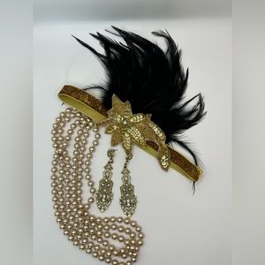 1920's Ladies Fancy Accessories Flapper 1920s. Earrings, Headband, Pearls.